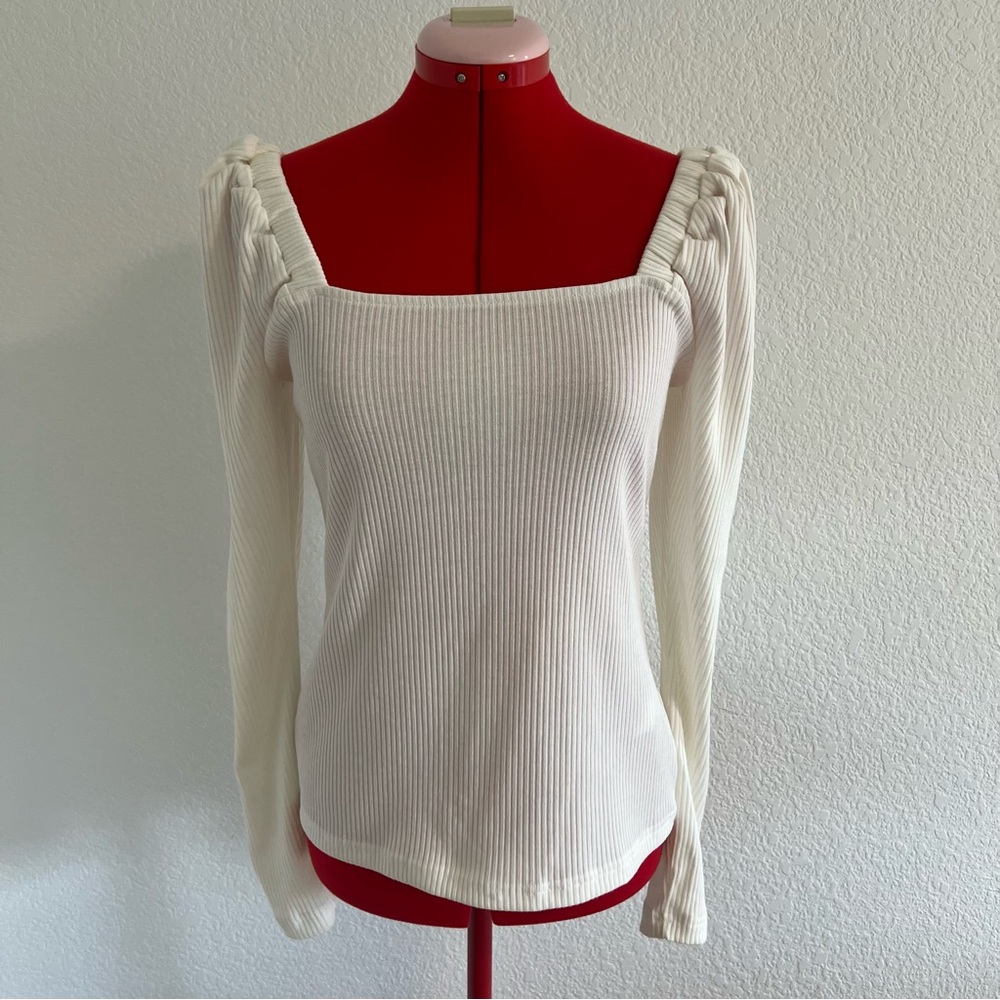 Charmstore White Cream Ribbed Long Sleeve Blouse Medium